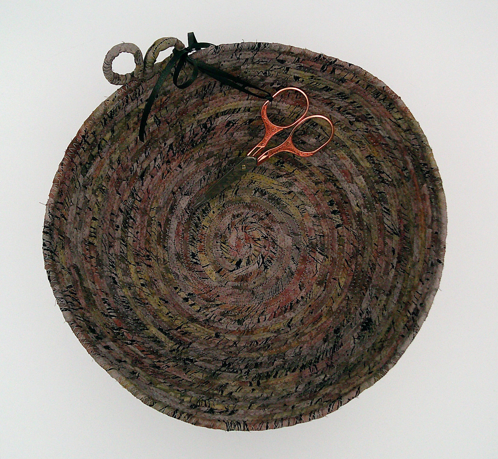 This is looking straight down into the basket. The scissors can hang inside or outside. This is looking straight down into the basket. The scissors can hang inside or outside.